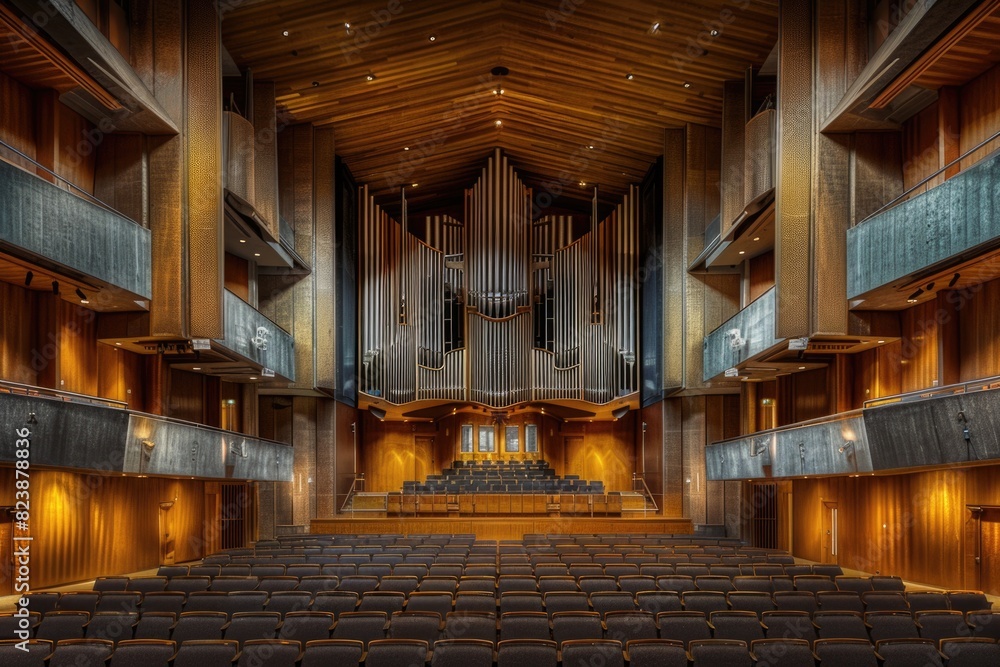 Poster a large auditorium with rows of seats and a pipe organ. ideal for music events and concerts