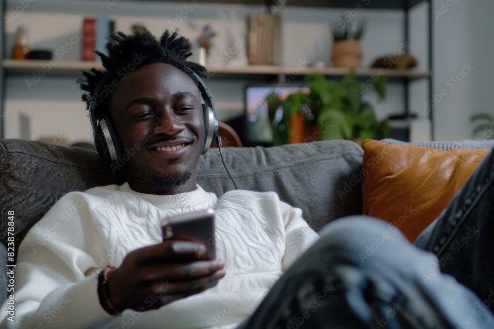 Poster A man sitting on a couch with a cell phone. Suitable for technology and communication concepts