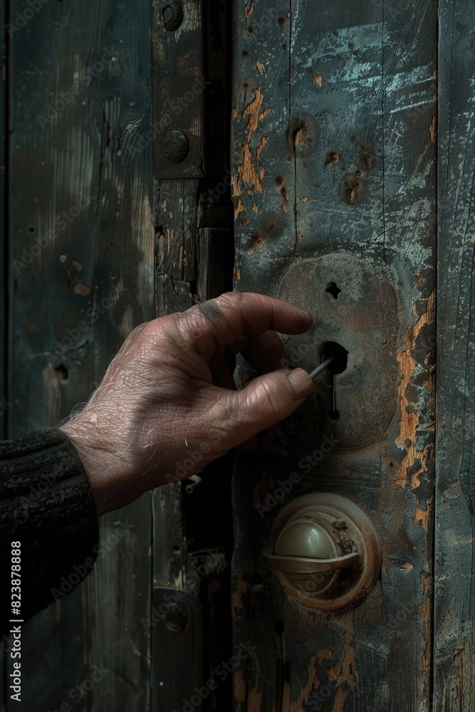 Poster a person opening a door with a key. suitable for security or access concept