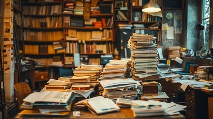 A messy library with bookshelves, papers, and books everywhere