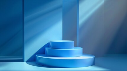 A minimalist blue podium with three ascending levels bathed in soft, natural light, creating an elegant stage for product showcasing