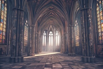 Fototapeta premium Frame mockup, a majestic Gothic cathedral interior with soaring arches and intricate stained glass windows, inspiring awe and reverence