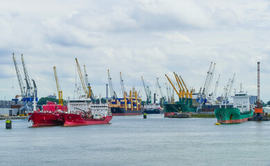 Freight Ships and Cranes in Port of Rotterdam Netherlands