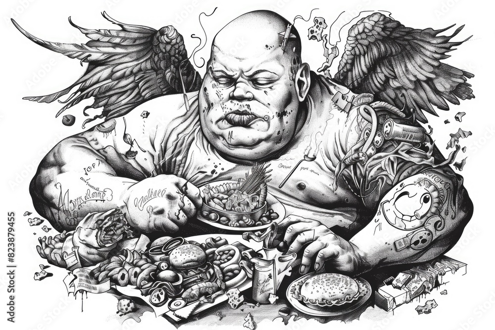 Poster a black and white drawing of a man eating. suitable for various design projects
