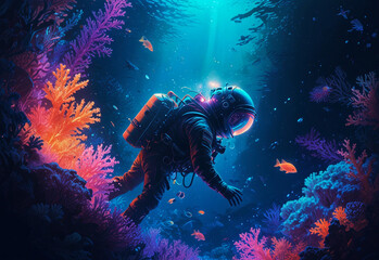an astronaut diving under the dark ocean, illuminated by glowing neon coral reef.