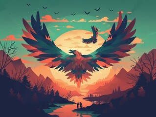 A phoenix is flying over a lake with mountains in the background.
