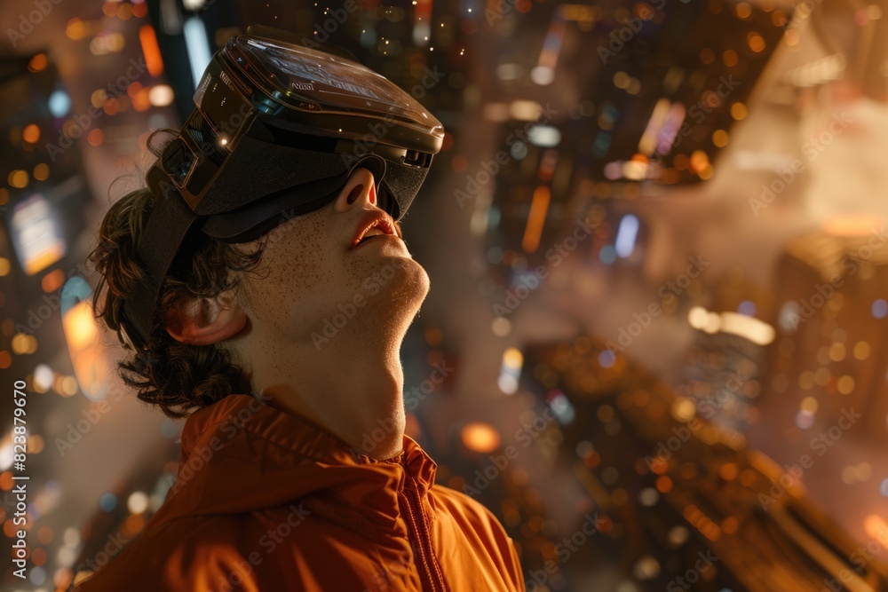 Poster a man immersed in virtual reality technology in a bustling city setting. ideal for tech and urban li