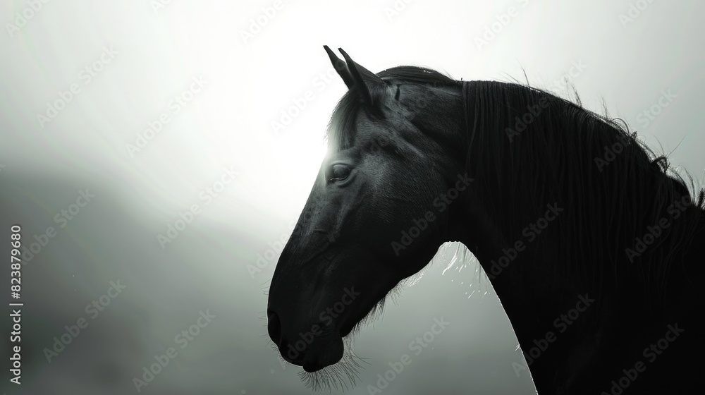 Poster close up of a horse's head with a cloudy sky in the background. suitable for various design projects