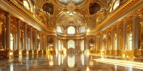 Elegant hall with chandelier and natural light, perfect for luxury events