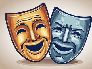 simple vector illustration of two theater masks, one with a smile and the other with a sad expression, on a white background, with simple shapes, in a flat design