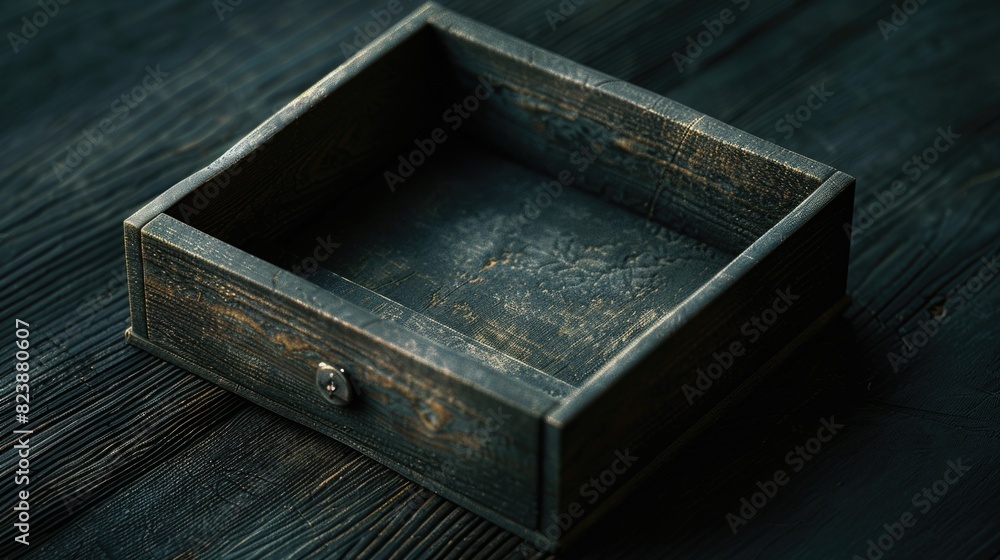 Poster a small wooden box placed on a wooden table. suitable for various concepts and designs