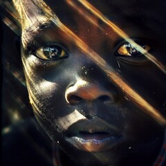 Artistic portrait of a young African boy, his eyes sparkling with reflected light as sunlight rays stream across his face.