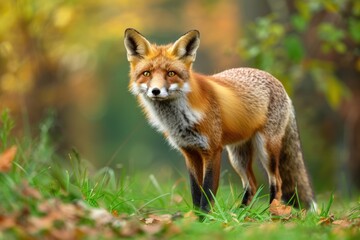Obraz premium A fox standing in grass, making eye contact with camera. Suitable for wildlife or nature concepts