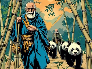 Obraz premium Two elderly men in blue robes walk through a bamboo forest, each holding the hand of a panda.