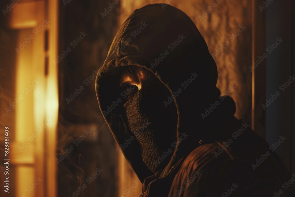 Poster A person wearing a hoodie standing in front of a window. Suitable for various concepts and designs