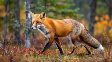 Obraz premium A red fox walking through a forest in the fall. Suitable for nature and wildlife themes