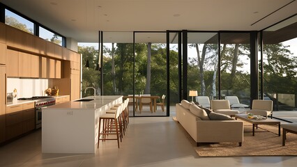 sunlit open plan living: modern kitchen and living room with floor-to-ceiling windows