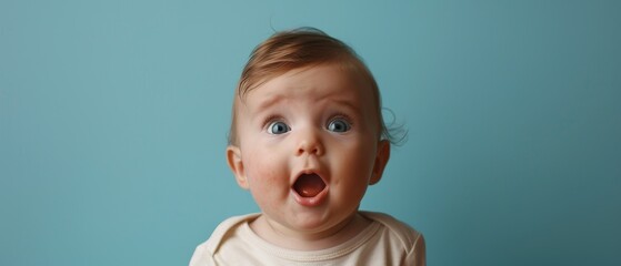 Baby with a surprised expression isolated on a solid pastel blue background