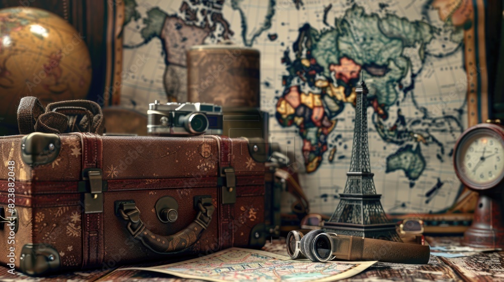 Poster a suitcase placed on a table next to a map. suitable for travel concept illustrations