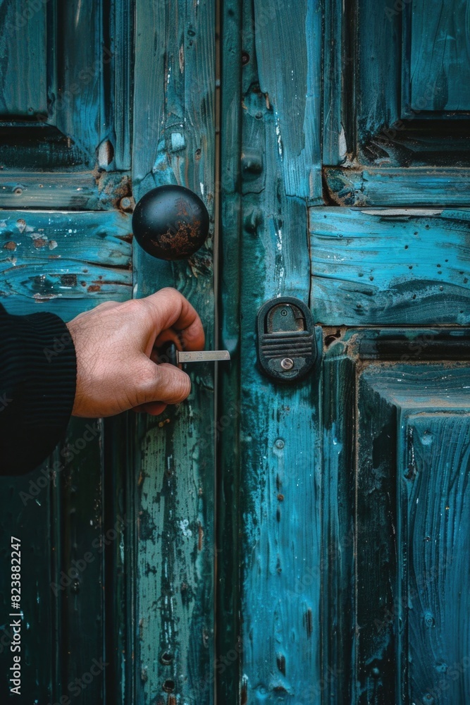 Poster close up of a hand holding a door handle, suitable for home security concepts