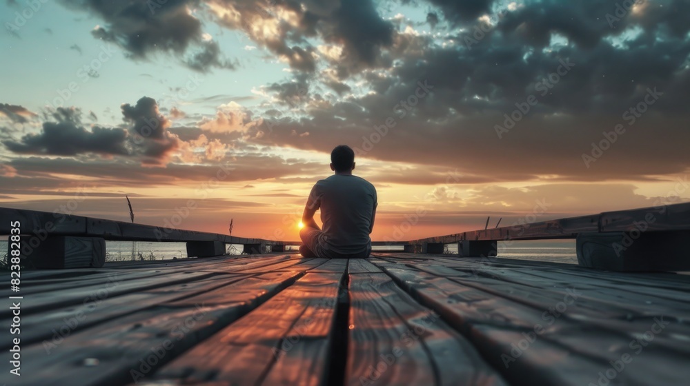 Poster a man sitting on a dock enjoying the sunset. perfect for travel and relaxation concepts