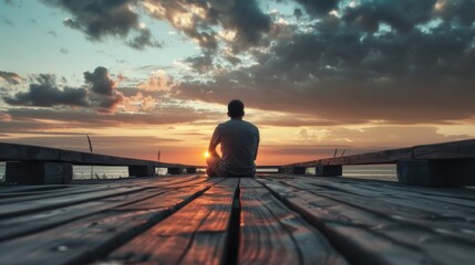 A man sitting on a dock enjoying the sunset. Perfect for travel and relaxation concepts