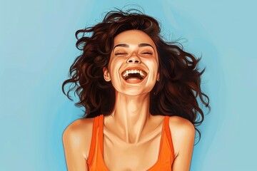 A joyful woman with eyes closed, laughing happily. Suitable for lifestyle and happiness concepts