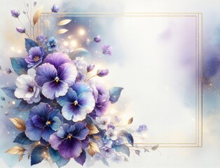Elegant floral composition with pansies and golden accents on a dreamy pastel background for design.