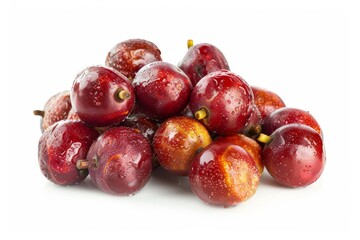 Fototapeta premium Wide-angle view showcasing a cluster of ripe jujube fruits, oil painting style, rich and vivid colors, white isolated background emphasizing the fruits details