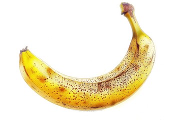 Worms-eye perspective of a Cavendish banana, digital hyper-realism, isolated on pure white, highlighting the bananas curvature, detailed texture, and bright yellow tones with subtle brown speckles