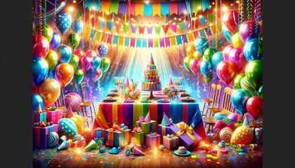 Obraz premium Vibrant Festive Birthday Party Scene with Colorful Balloons and Decorations