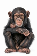 Fototapeta premium A young chimpanzee sitting on a white surface. Suitable for various educational materials