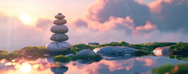 A stack of smooth stones balanced on top of each other, standing in the moss covered ground beside an empty pool