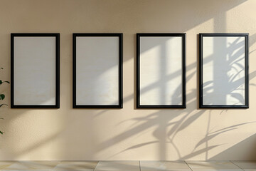 a mock-up with four empty posters in black frames on a soft beige wall.