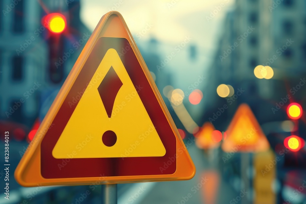Poster a yellow and red warning sign on the side of a road. suitable for road safety concepts