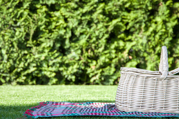 picnic basket on the lawn in the garden. Place for text.