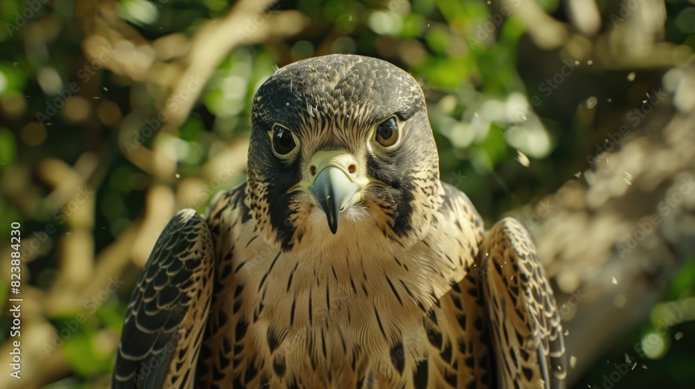 Poster close up of a bird of prey perched on a tree branch. suitable for nature and wildlife themes