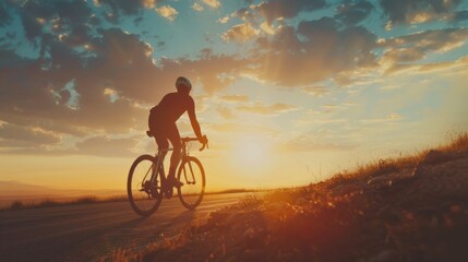 A man riding a bike down a road at sunset. Perfect for outdoor activities