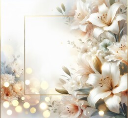 Elegant floral background with white lilies and soft bokeh lights, ideal for invitations or decor.
