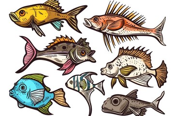 Naklejka premium Group of different types of fish on a plain white background. Ideal for aquarium or seafood concept