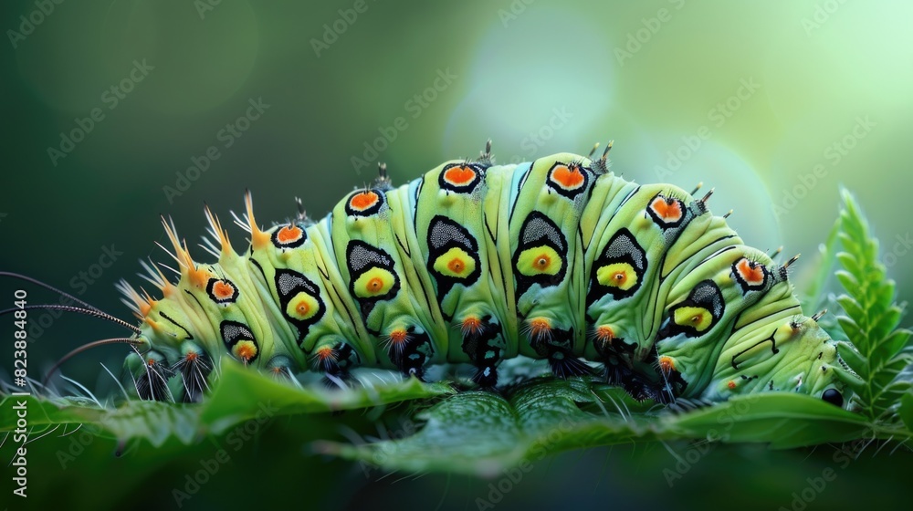 Poster a close up of a caterpillar butterfly on a leaf. suitable for nature and wildlife concepts