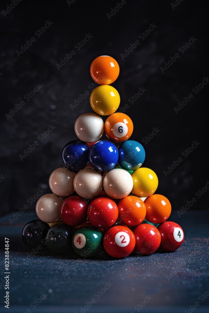 Poster A pile of pool balls sitting on top of a table. Ideal for sports and recreation concepts