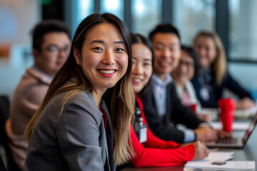 Obraz premium Portrait of a woman at a collaborative business meeting, diverse group of professionals participating in a business meeting in a modern office