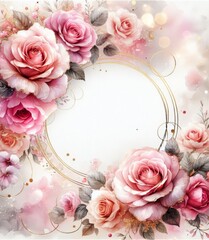 Elegant floral frame with pastel roses and delicate leaves, ideal for invitations or wedding cards