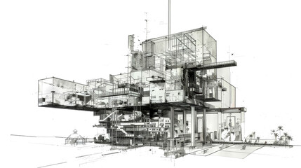 Architectural blueprint drawing design, construction plan of business complex for the construction of a Office building, elevation drawing plan.