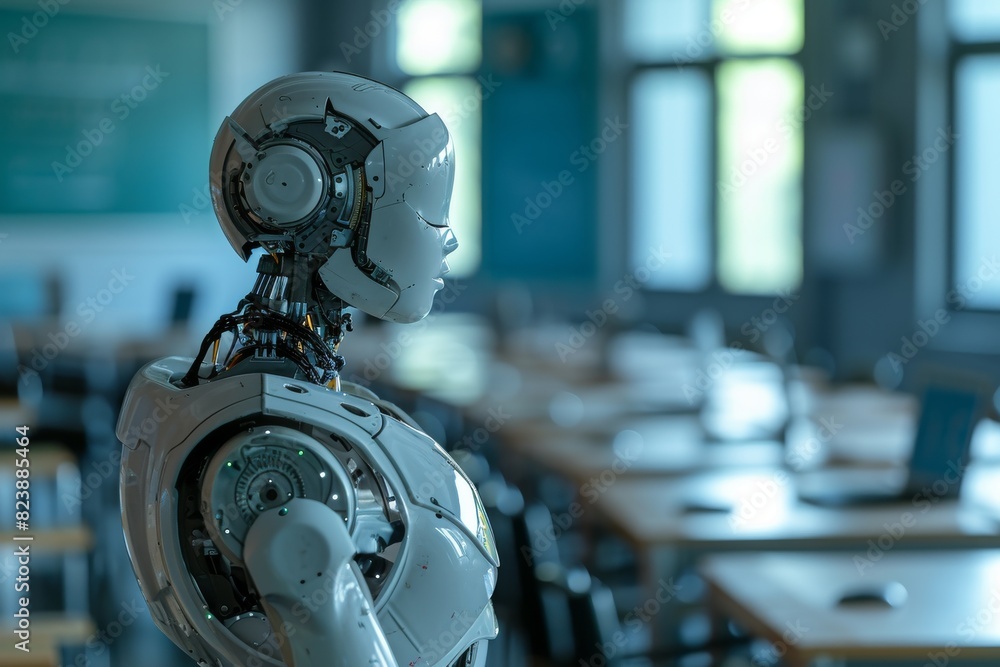 Poster advanced robot teaching a classroom of students, ai generated