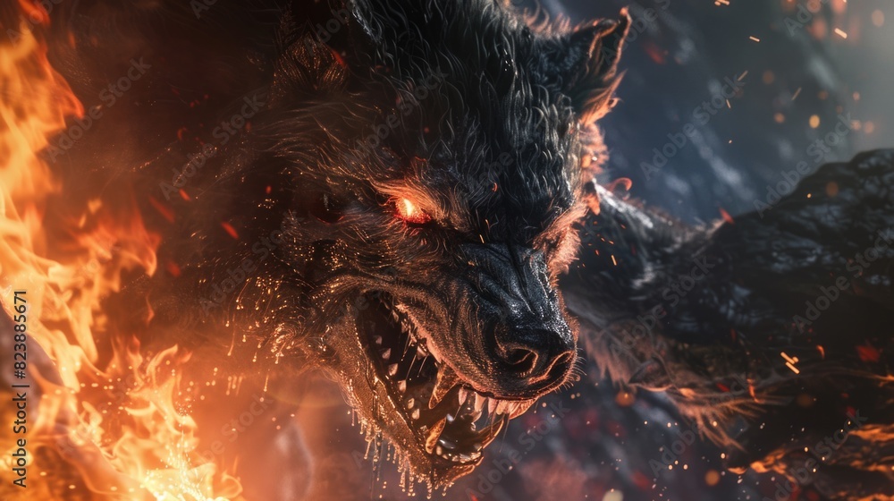 Poster A close up of a demon engulfed in flames. Suitable for dark and fiery themes