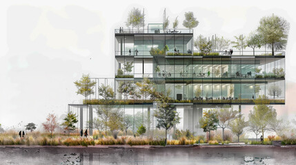 Architectural blueprint drawing design, construction plan of business complex for the construction headquarter of the media company elevation drawing plan.