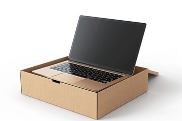 A laptop placed inside a cardboard box on a white surface. Ideal for technology or delivery concepts