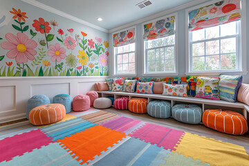 A vibrant playroom decorated with hand-painted murals and personalized storage solutions, making it a fun and organized space for kids.